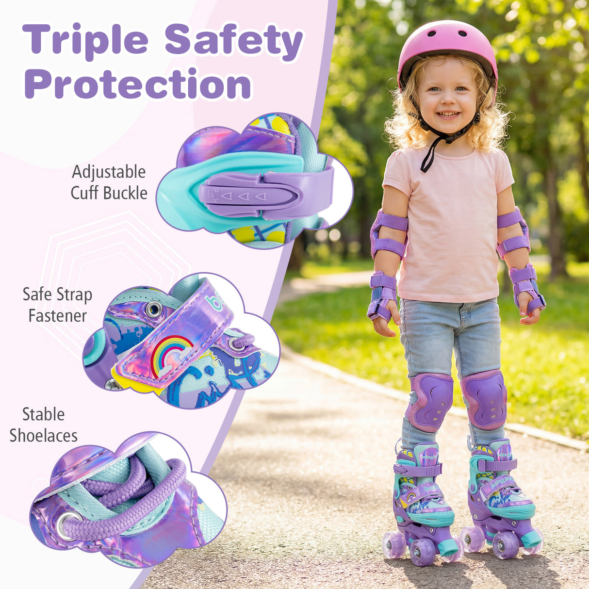 4 Sizes Adjustable  Kids Roller Skates with Light-up Wheels and Safety Protection-Purple