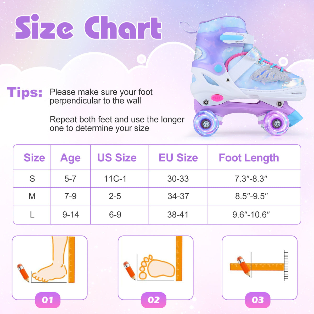 4 Sizes Adjustable Kids Roller Skates for Toddlers Ages 9-14 with 4 Light-up Wheels-Blue