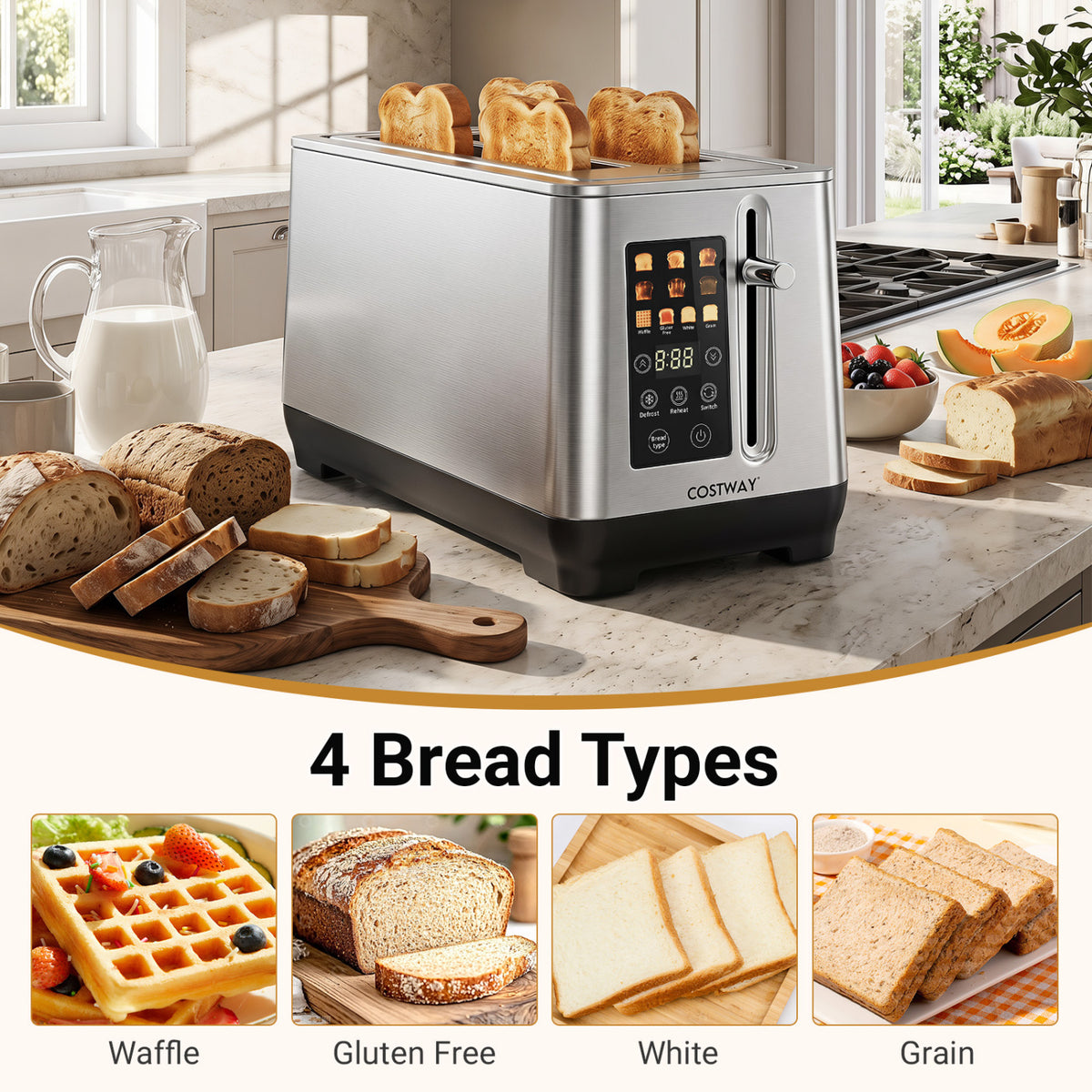 4 Slice Toaster with 6 Browning Levels and 4 Bread Types-Silver