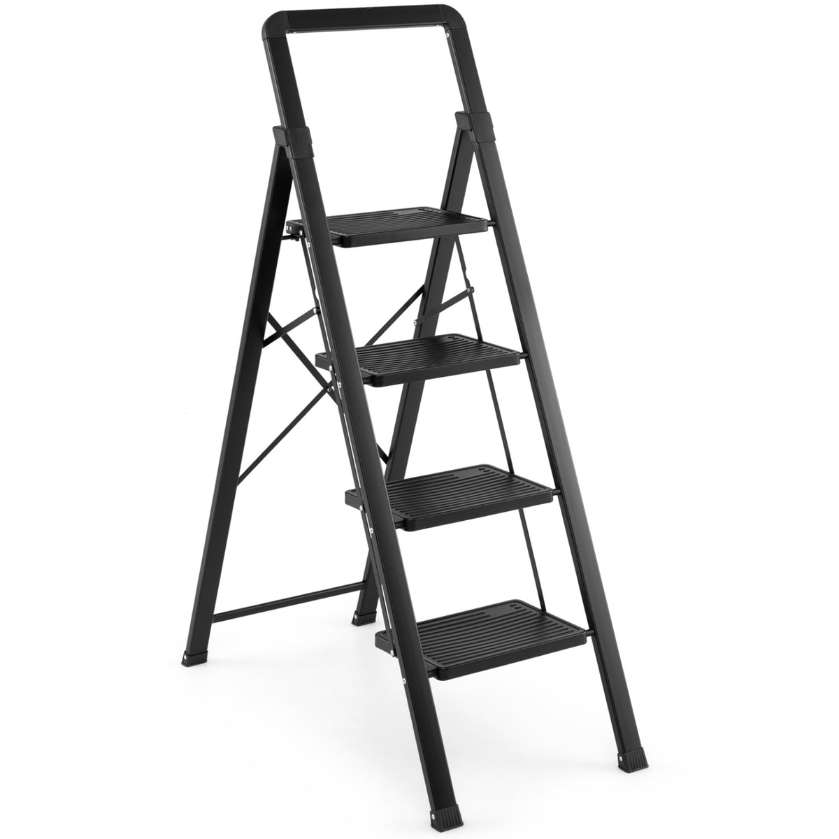 4 Step Black Folding Step Stool with Wide Anti-slip Pedals