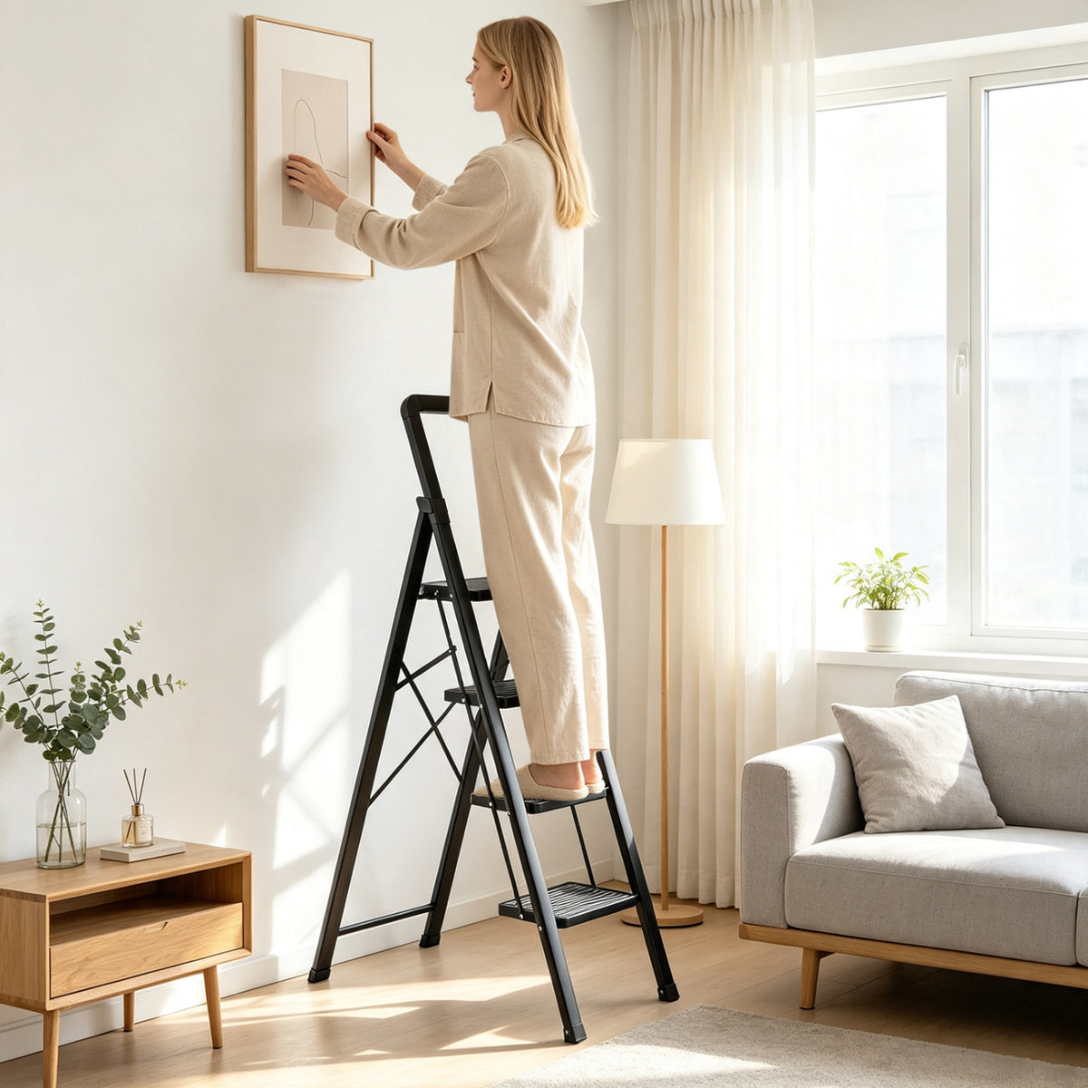 4 Step Black Folding Step Stool with Wide Anti-slip Pedals