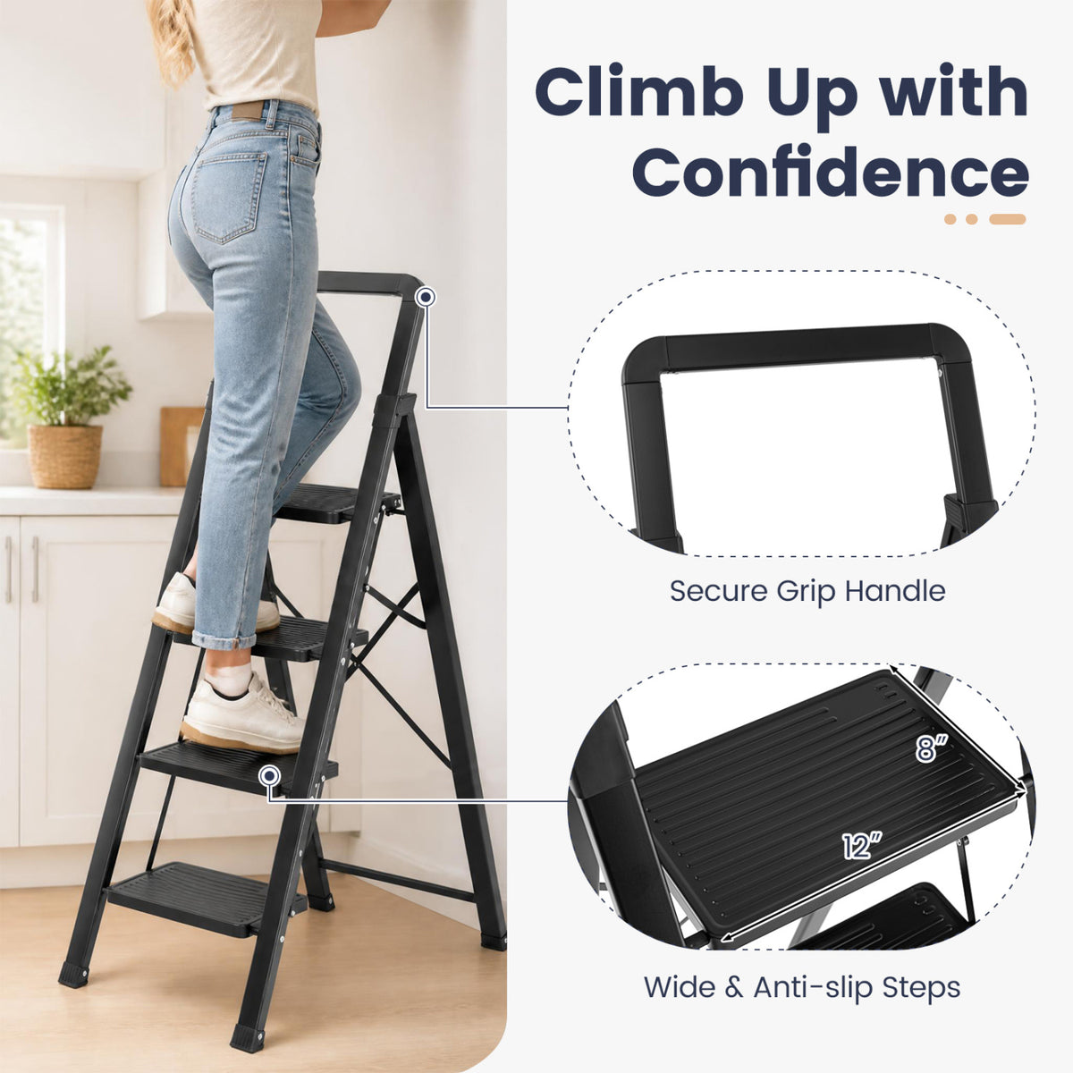 4 Step Black Folding Step Stool with Wide Anti-slip Pedals