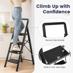 4 Step Black Folding Step Stool with Wide Anti-slip Pedals