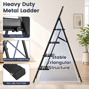 4 Step Black Folding Step Stool with Wide Anti-slip Pedals