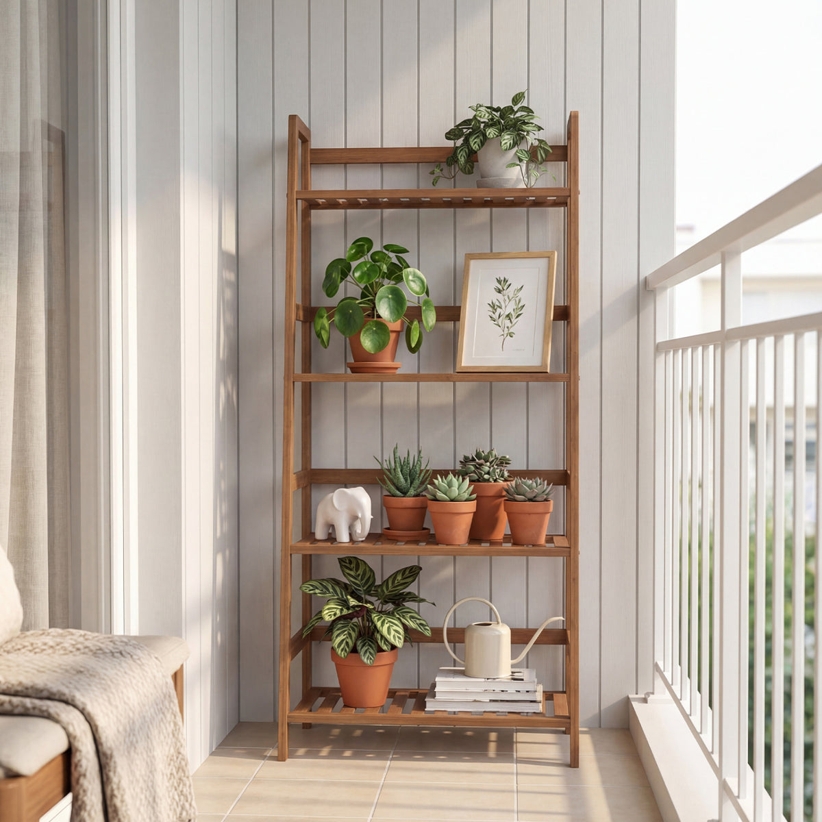 4-Tier Bamboo Plant Rack with Guardrails Stable and Space-Saving-Walnut