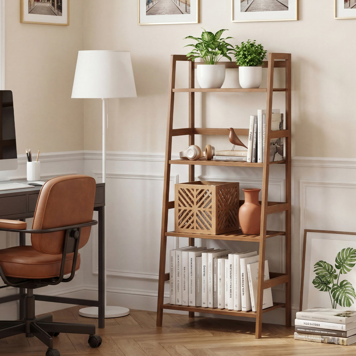 4-Tier Bamboo Plant Rack with Guardrails Stable and Space-Saving-Walnut