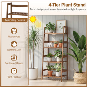 4-Tier Bamboo Plant Rack with Guardrails Stable and Space-Saving-Walnut