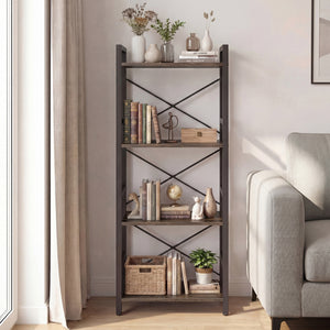 4-Tier Bookshelf Narrow Freestanding Display Shelf with Metal Frame-Oak