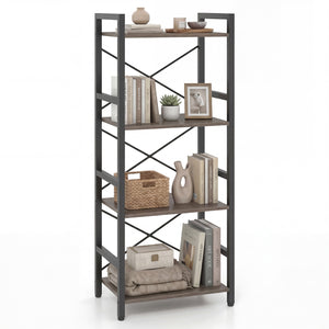 4-Tier Bookshelf Narrow Freestanding Display Shelf with Metal Frame-Oak