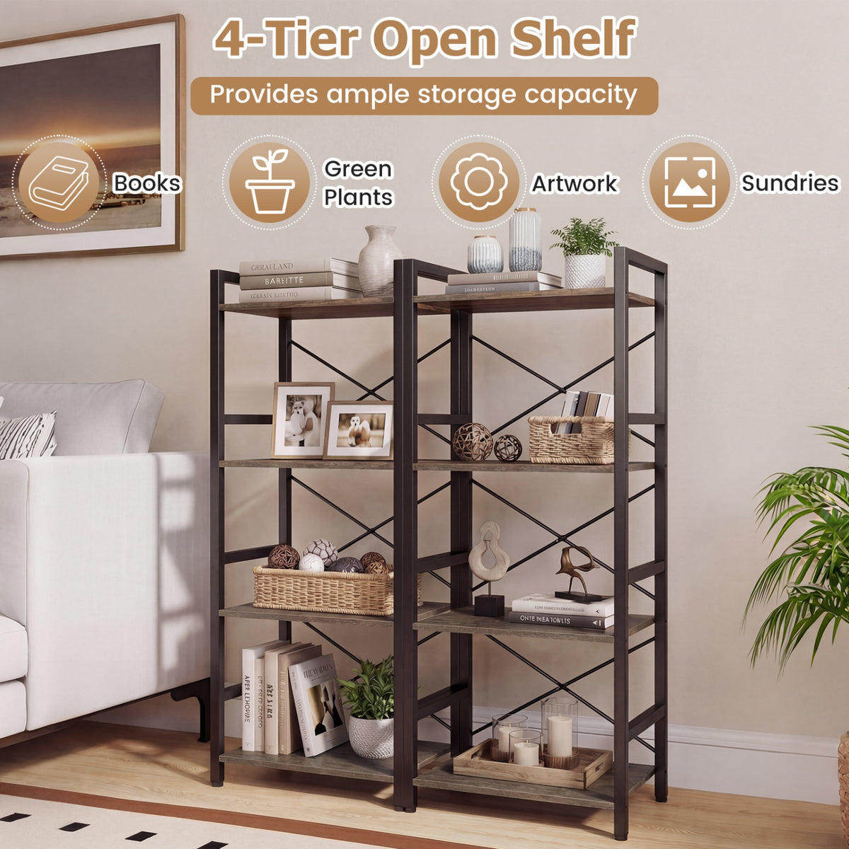 4-Tier Bookshelf Narrow Freestanding Display Shelf with Metal Frame-Oak