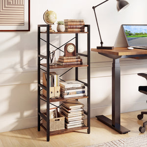 4-Tier Bookshelf Narrow Freestanding Display Shelf with Metal Frame-Rustic Brown