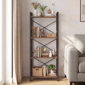 4-Tier Bookshelf Narrow Freestanding Display Shelf with Metal Frame-Rustic Brown