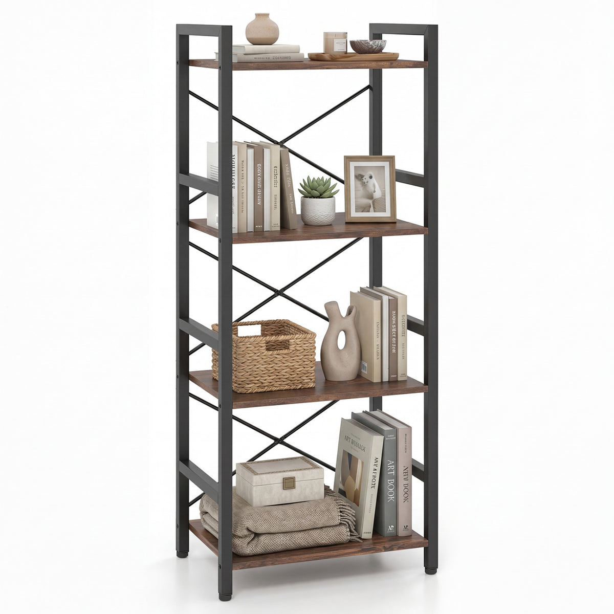 4-Tier Bookshelf Narrow Freestanding Display Shelf with Metal Frame-Rustic Brown