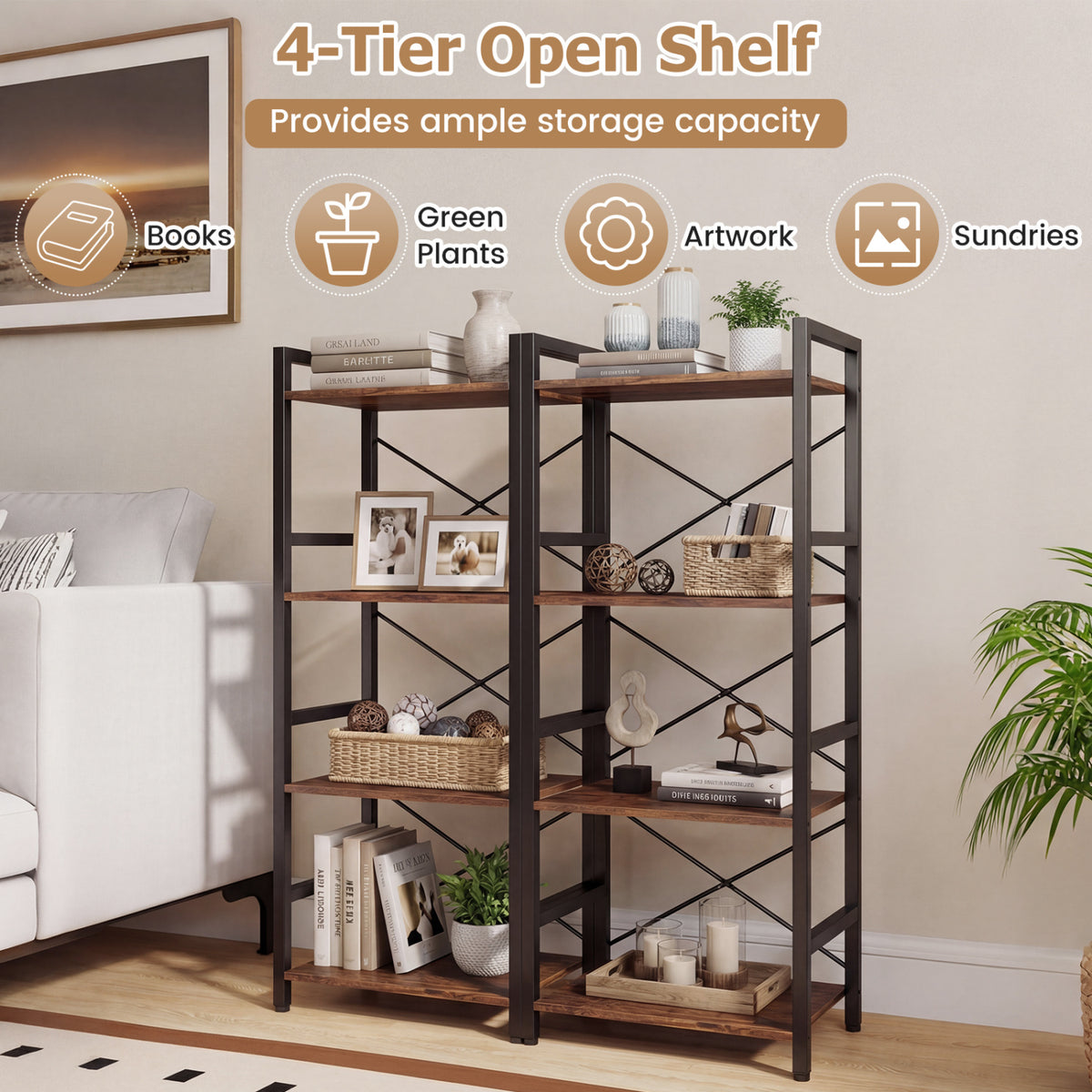 4-Tier Bookshelf Narrow Freestanding Display Shelf with Metal Frame-Rustic Brown