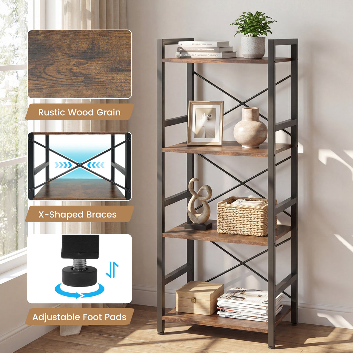 4-Tier Bookshelf Narrow Freestanding Display Shelf with Metal Frame-Rustic Brown