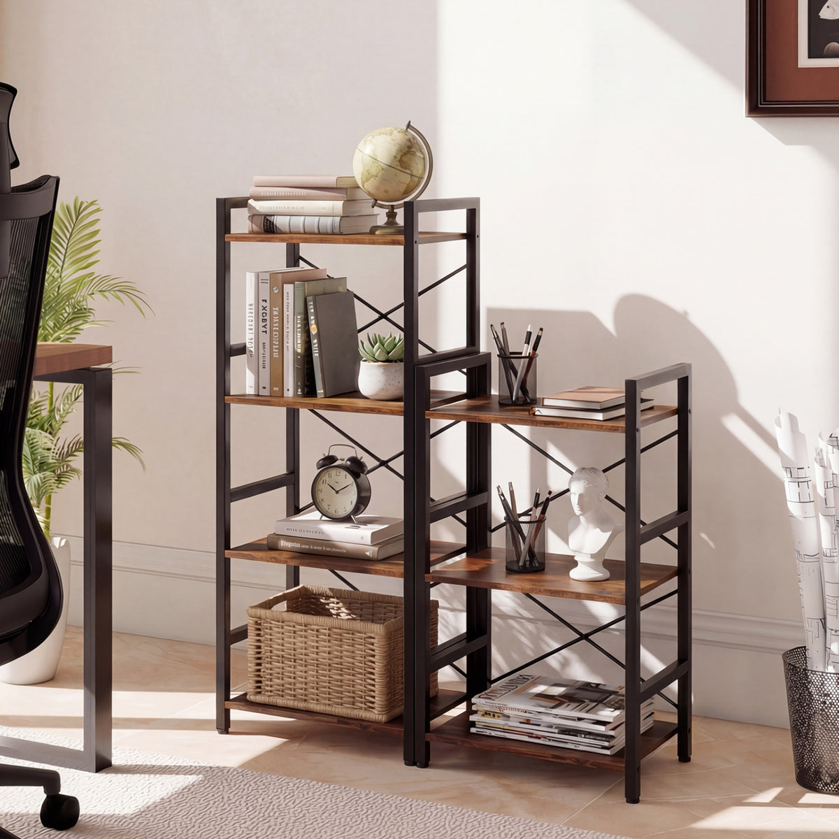 4-Tier Bookshelf Narrow Freestanding Display Shelf with Metal Frame-Rustic Brown