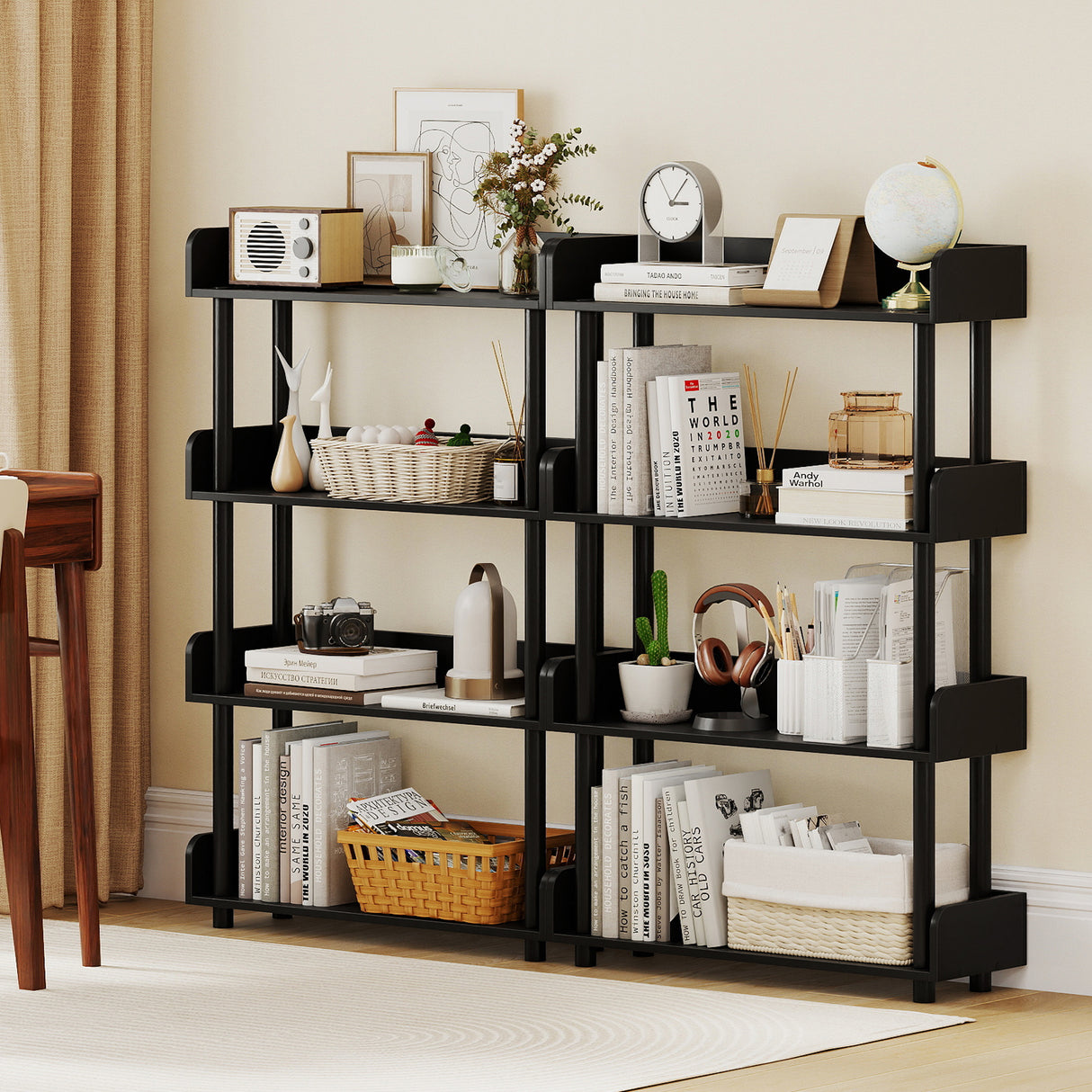 4-Tier Bookshelf Open Bookcase with Anti-Tipping Kit Industrial Storage Unit-Black