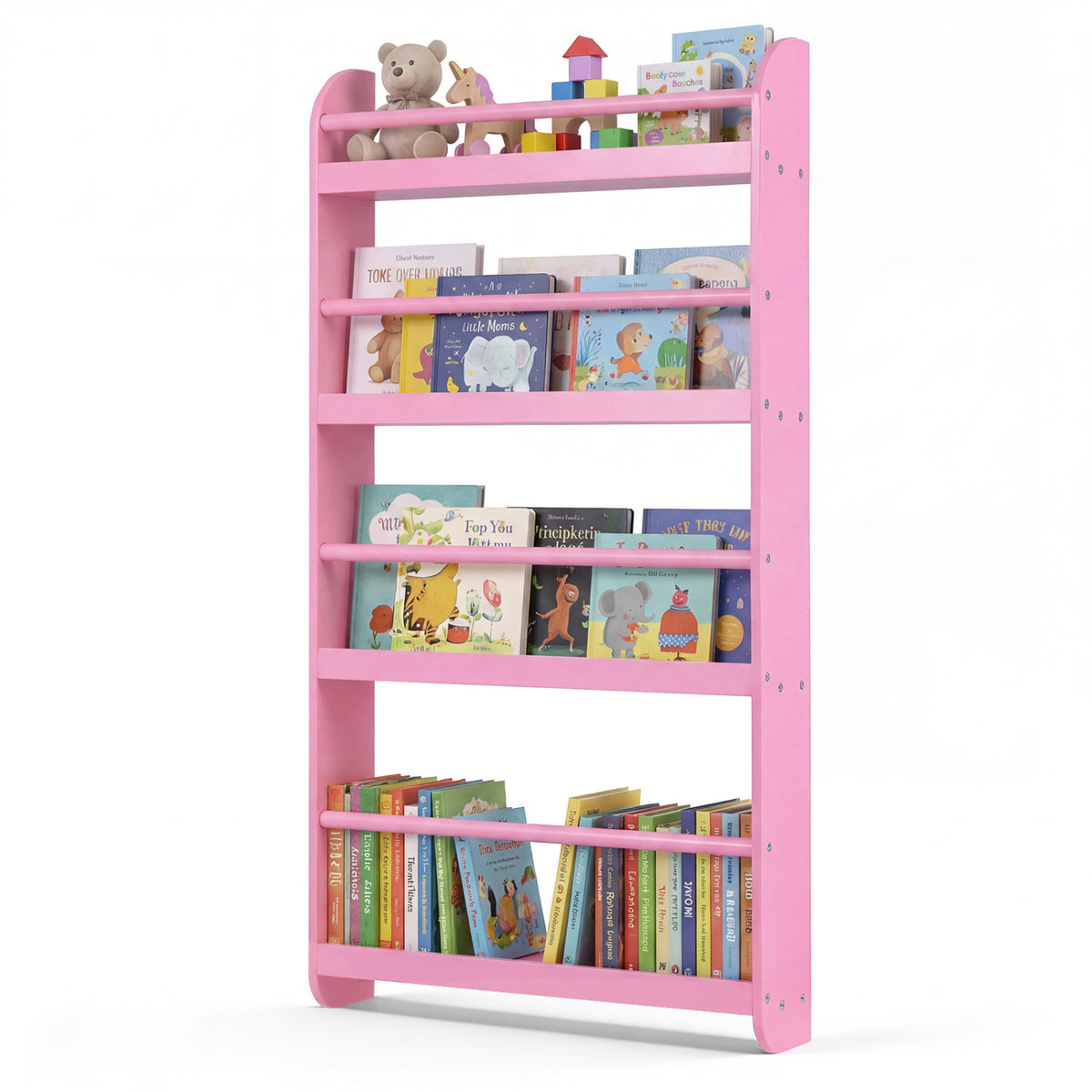 4-Tier Bookshelf Organizer for Toys and Books with Basswood Crossbar-Pink