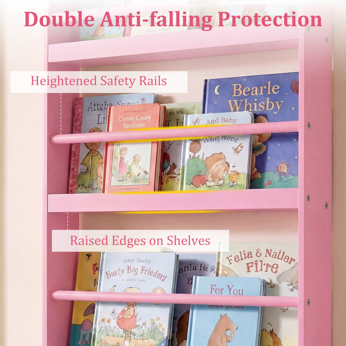 4-Tier Bookshelf Organizer for Toys and Books with Basswood Crossbar-Pink