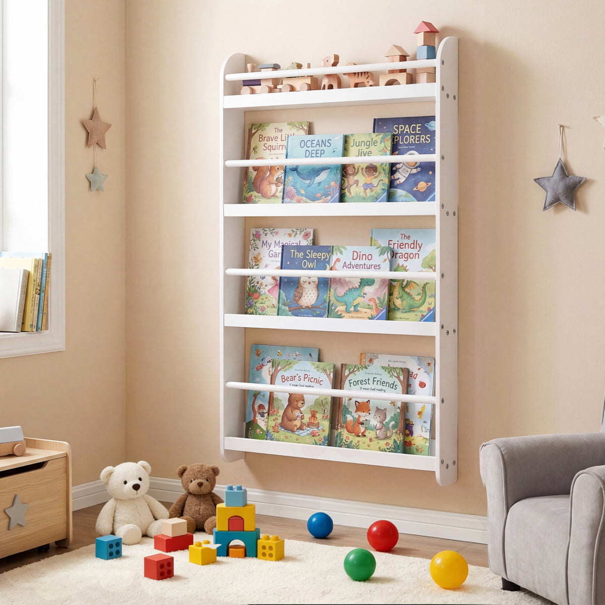 4-Tier Bookshelf Organizer for Toys and Books with Basswood Crossbar-White