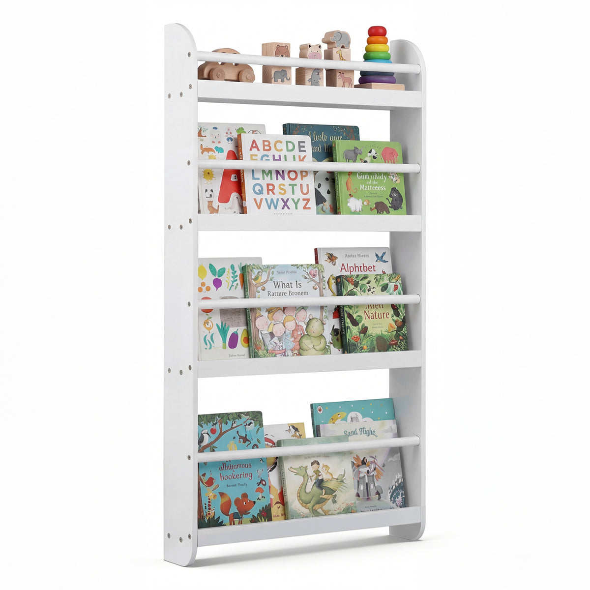 4-Tier Bookshelf Organizer for Toys and Books with Basswood Crossbar-White