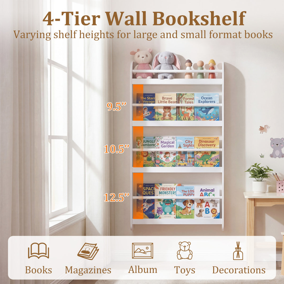4-Tier Bookshelf Organizer for Toys and Books with Basswood Crossbar-White