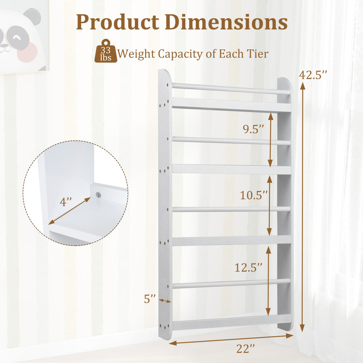 4-Tier Bookshelf Organizer for Toys and Books with Basswood Crossbar-White