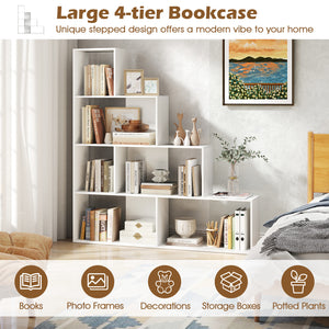 4-Tier Bookshelf Stair Bookcase with 6 Cubes Display Rack-Natural