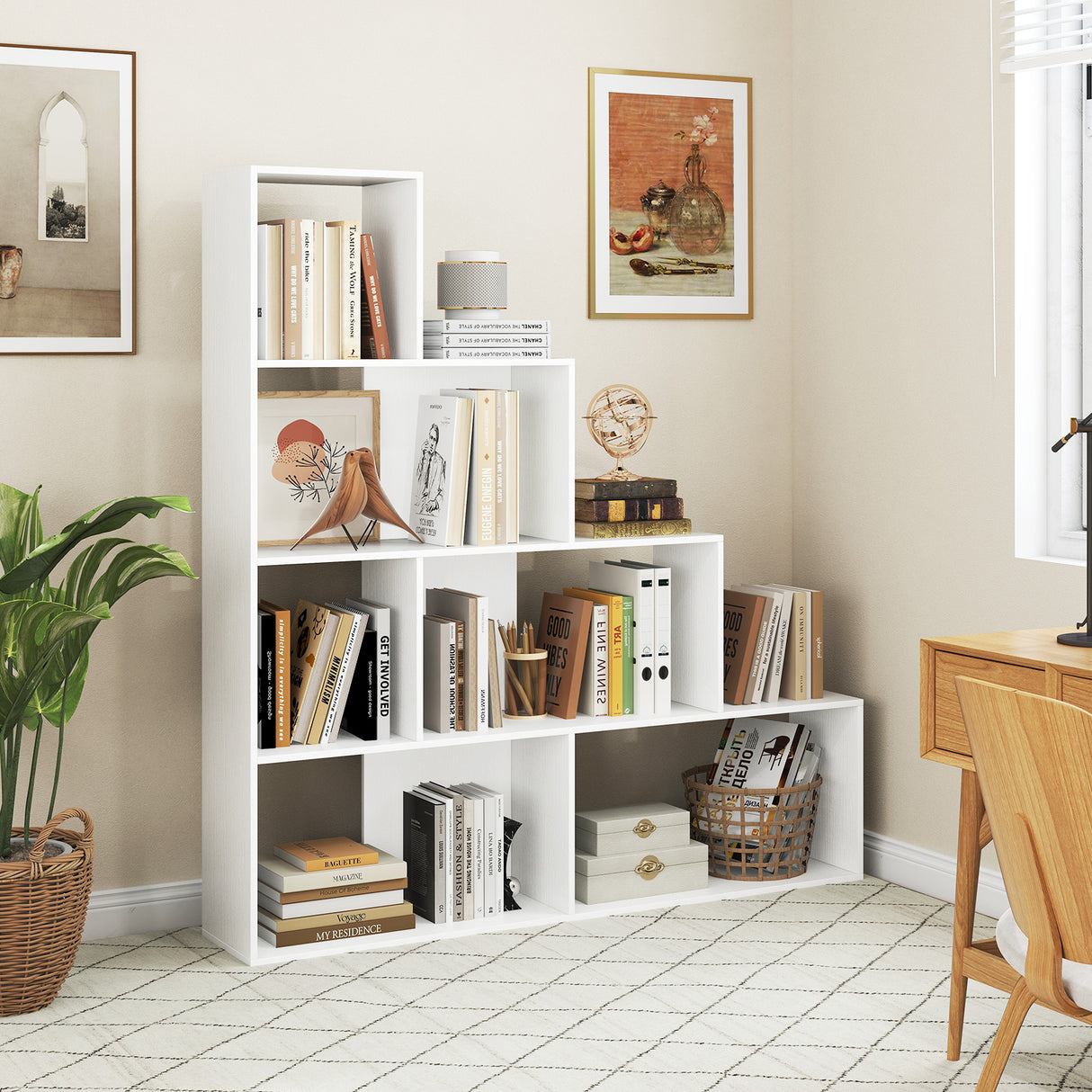 4-Tier Bookshelf Stair Bookcase with 6 Cubes Display Rack-Natural