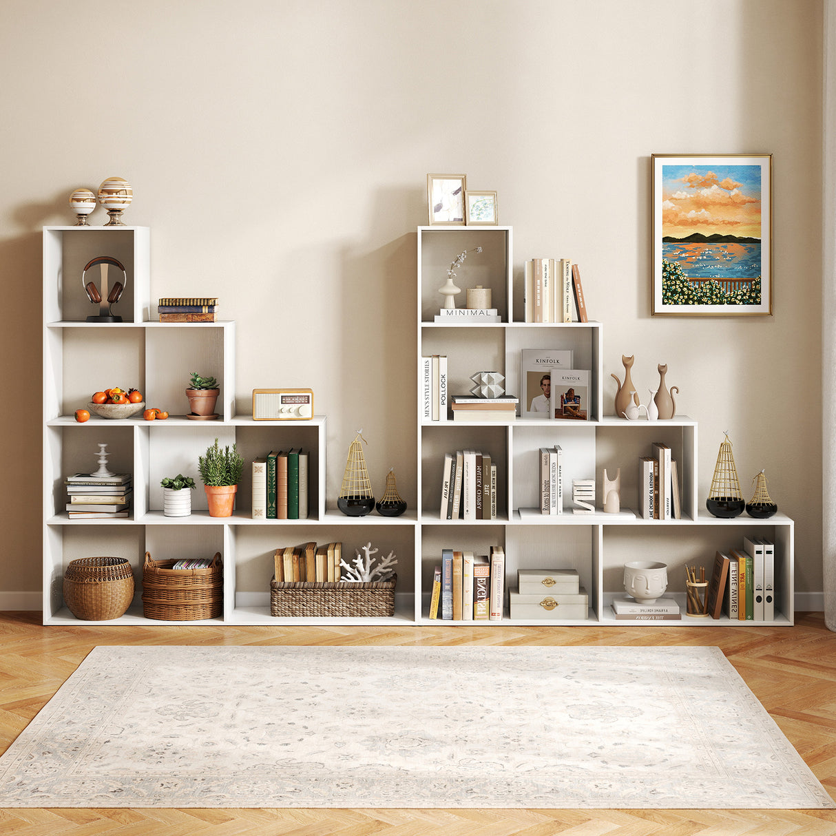 4-Tier Bookshelf Stair Bookcase with 6 Cubes Display Rack-White