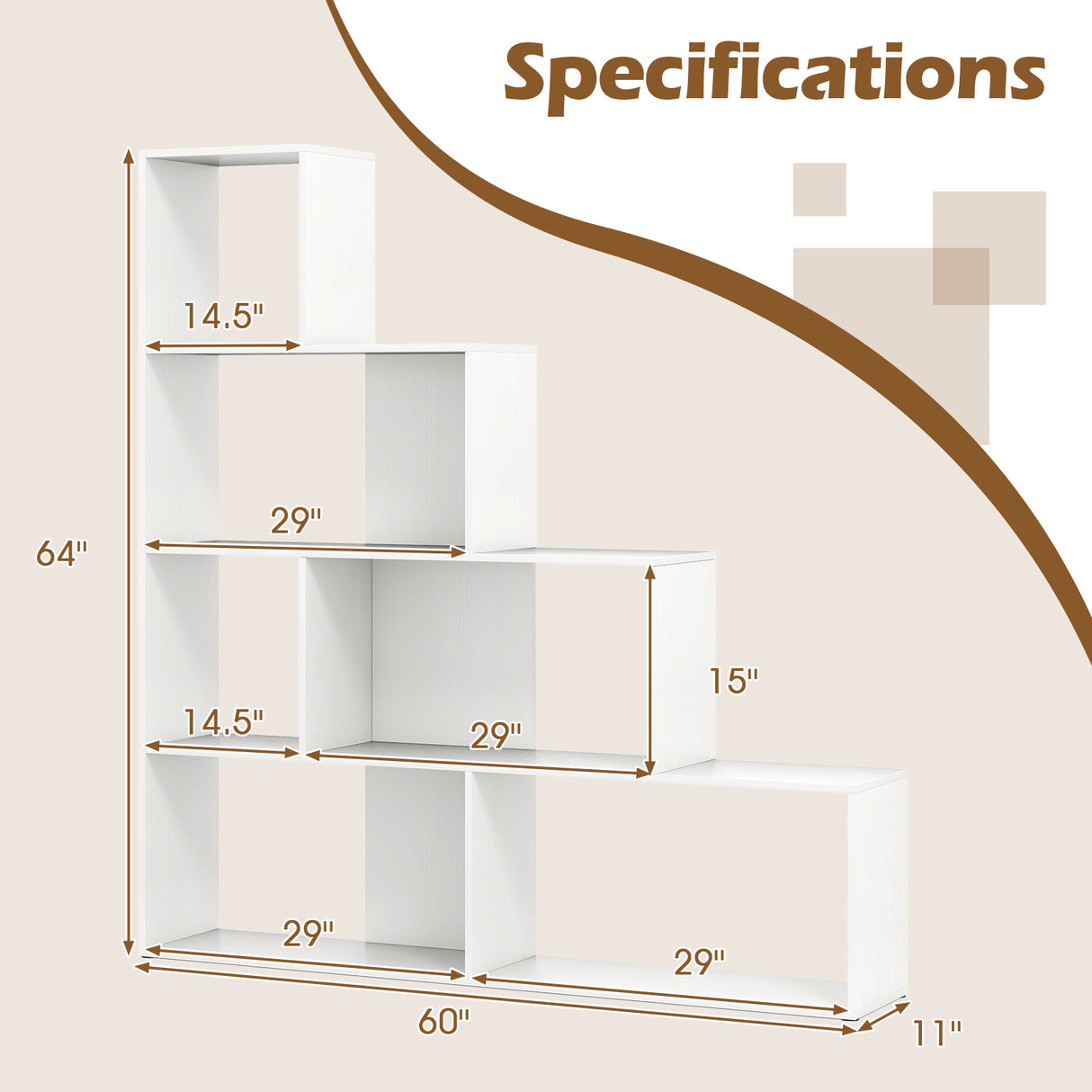 4-Tier Bookshelf Stair Bookcase with 6 Cubes Display Rack-White