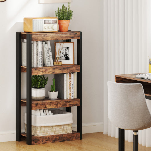4 Tier Bookshelf Wooden Bookcase with Dual Anti-Tipping Kits-Rustic Brown