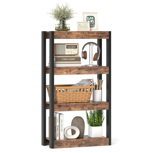 4 Tier Bookshelf Wooden Bookcase with Dual Anti-Tipping Kits-Rustic Brown