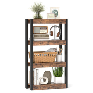 4 Tier Bookshelf Wooden Bookcase with Dual Anti-Tipping Kits-Rustic Brown