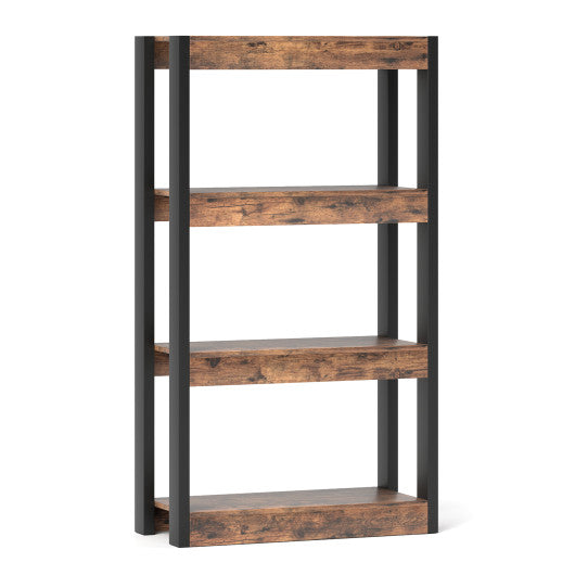 4 Tier Bookshelf Wooden Bookcase with Dual Anti-Tipping Kits-Rustic Brown