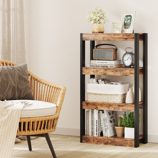 4 Tier Bookshelf Wooden Bookcase with Dual Anti-Tipping Kits-Rustic Brown