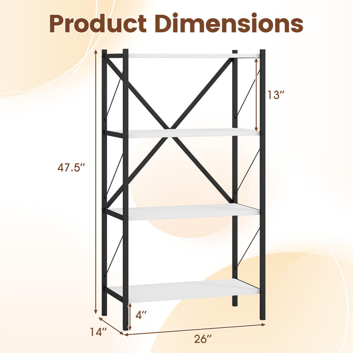 4-Tier Bookshelf with Heavy-Duty Metal Frame-White