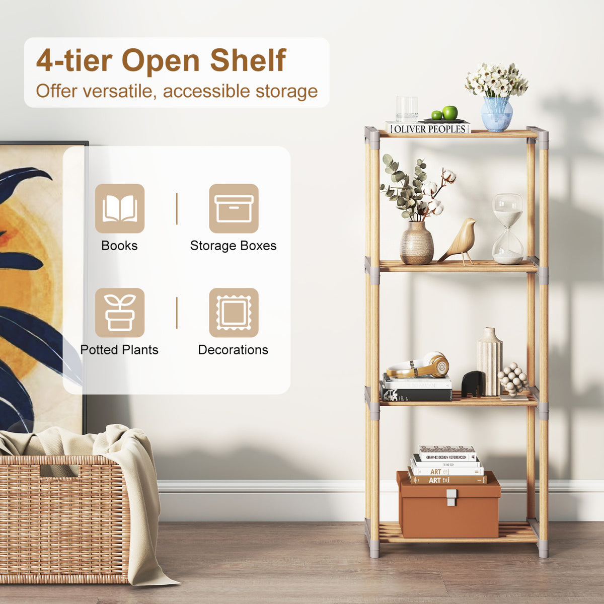 4-Tier Bookshelf with Open Shelves for Home Office and Bathroom-4-Tier