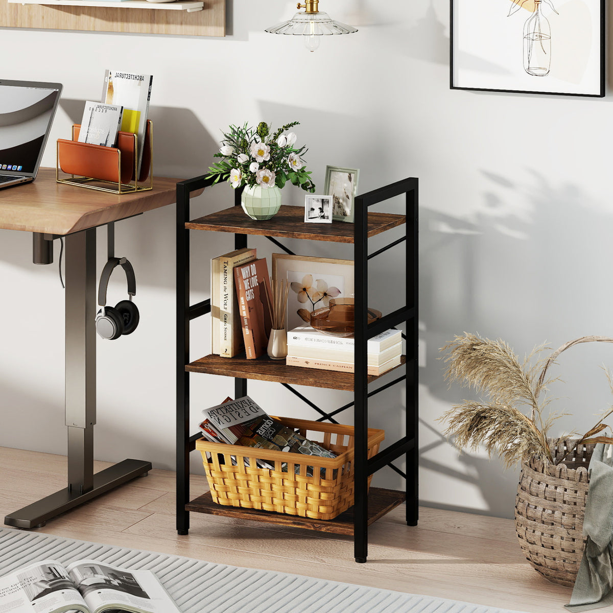 4-Tier Bookshelf with Metal Frame and Wooden Storage Racks for Study-Rustic Brown