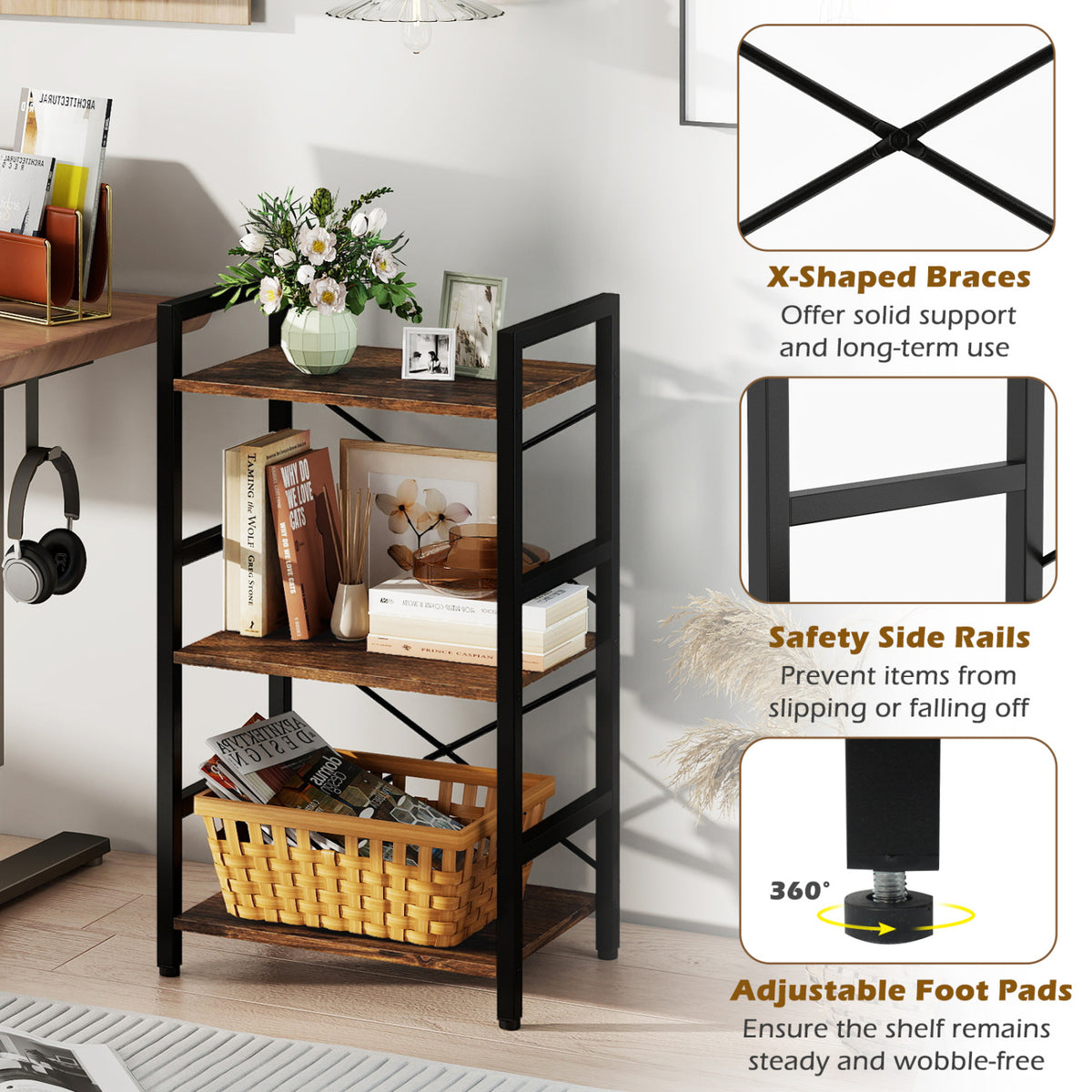 4-Tier Bookshelf with Metal Frame and Wooden Storage Racks for Study-Rustic Brown