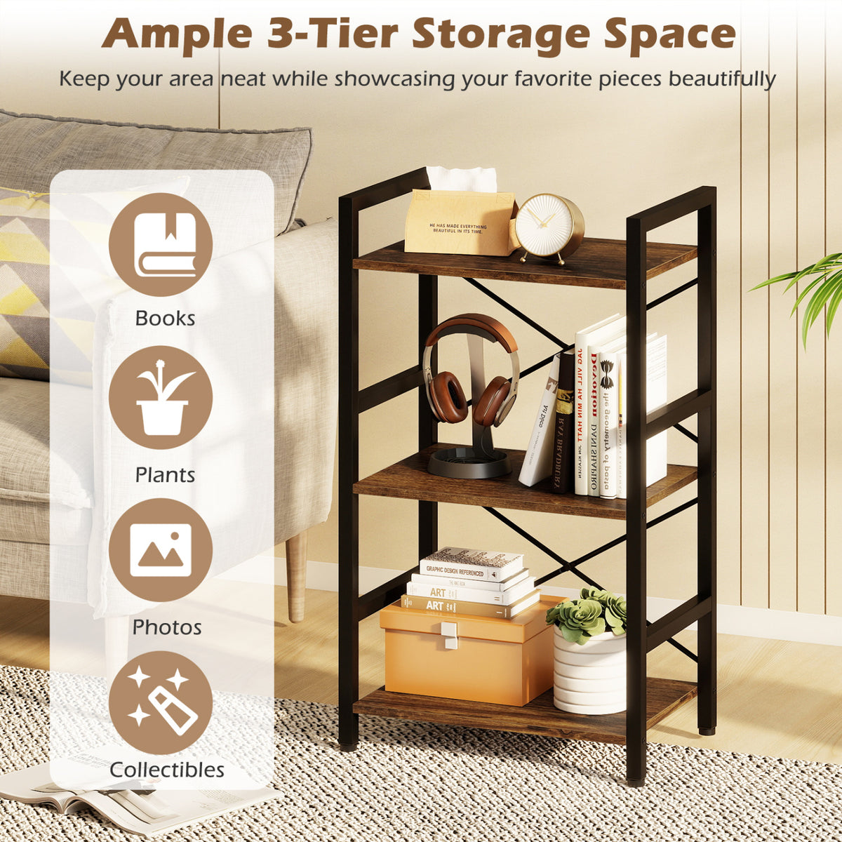 4-Tier Bookshelf with Metal Frame and Wooden Storage Racks for Study-Rustic Brown