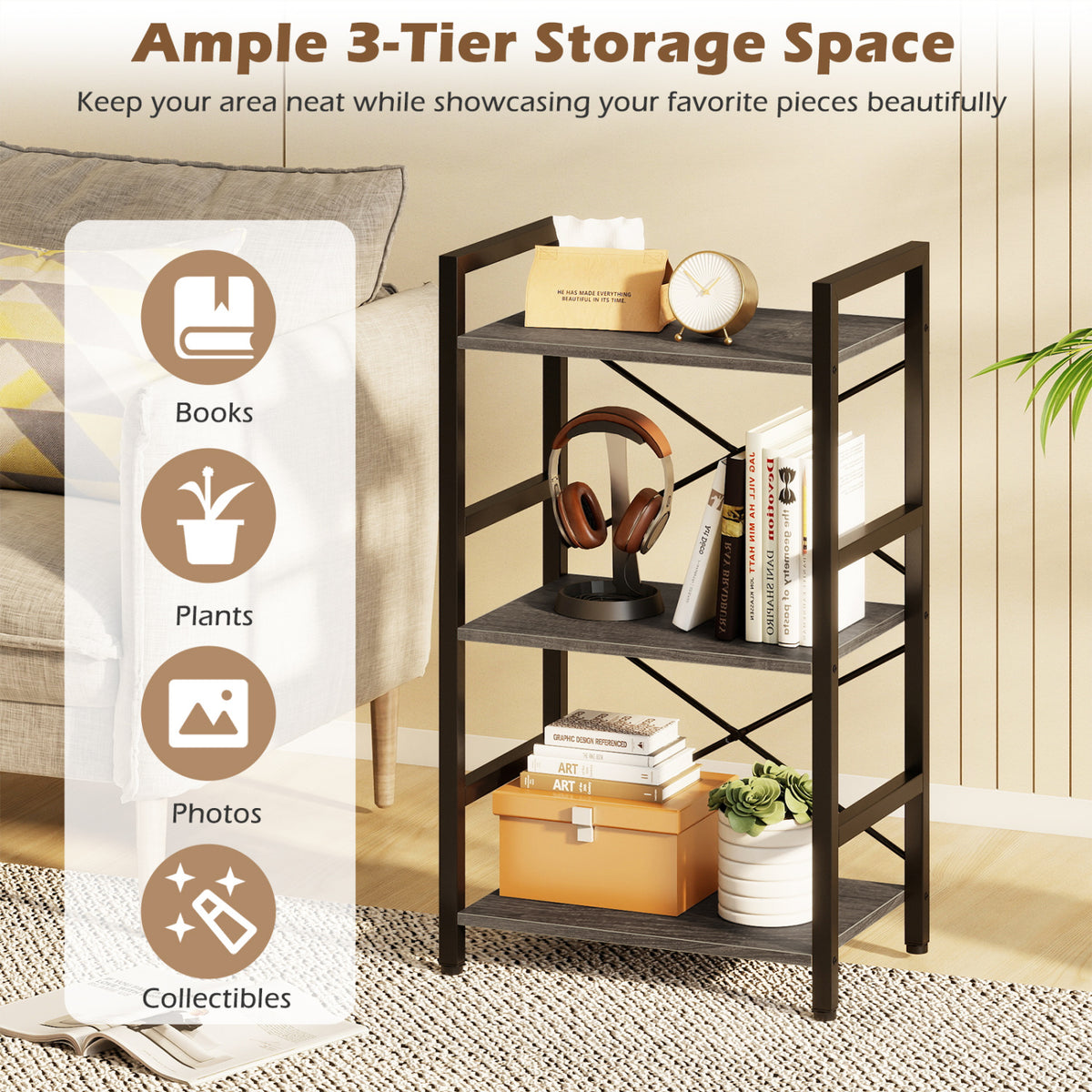 4-Tier Bookshelf with Metal Frame and Wooden Storage Racks for Study-Oak