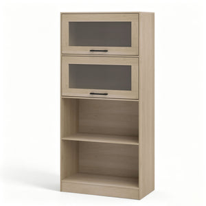 4-Tier Bookshelf with Storage Cabinets and Open Compartments-Natural