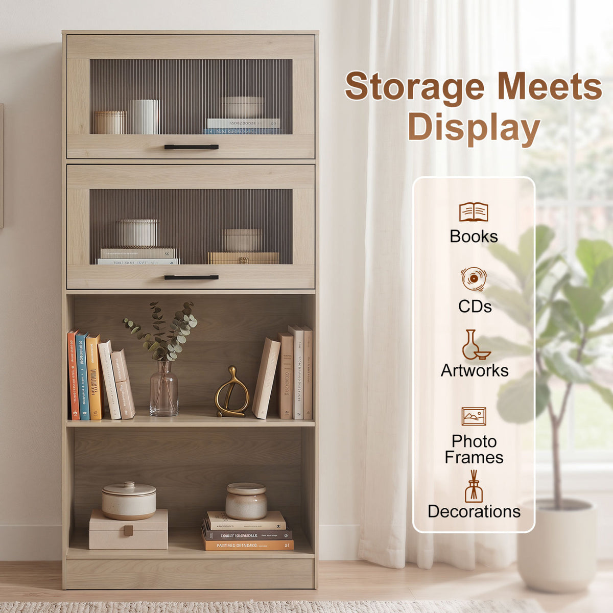 4-Tier Bookshelf with Storage Cabinets and Open Compartments-Natural