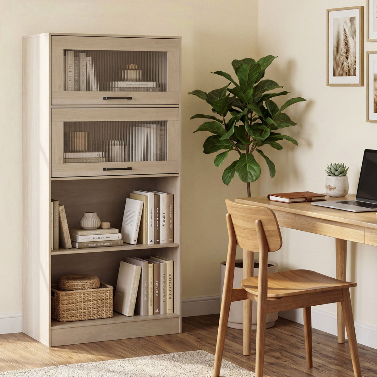 4-Tier Bookshelf with Storage Cabinets and Open Compartments-Natural