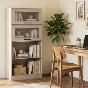 4-Tier Bookshelf with Storage Cabinets and Open Compartments-Natural