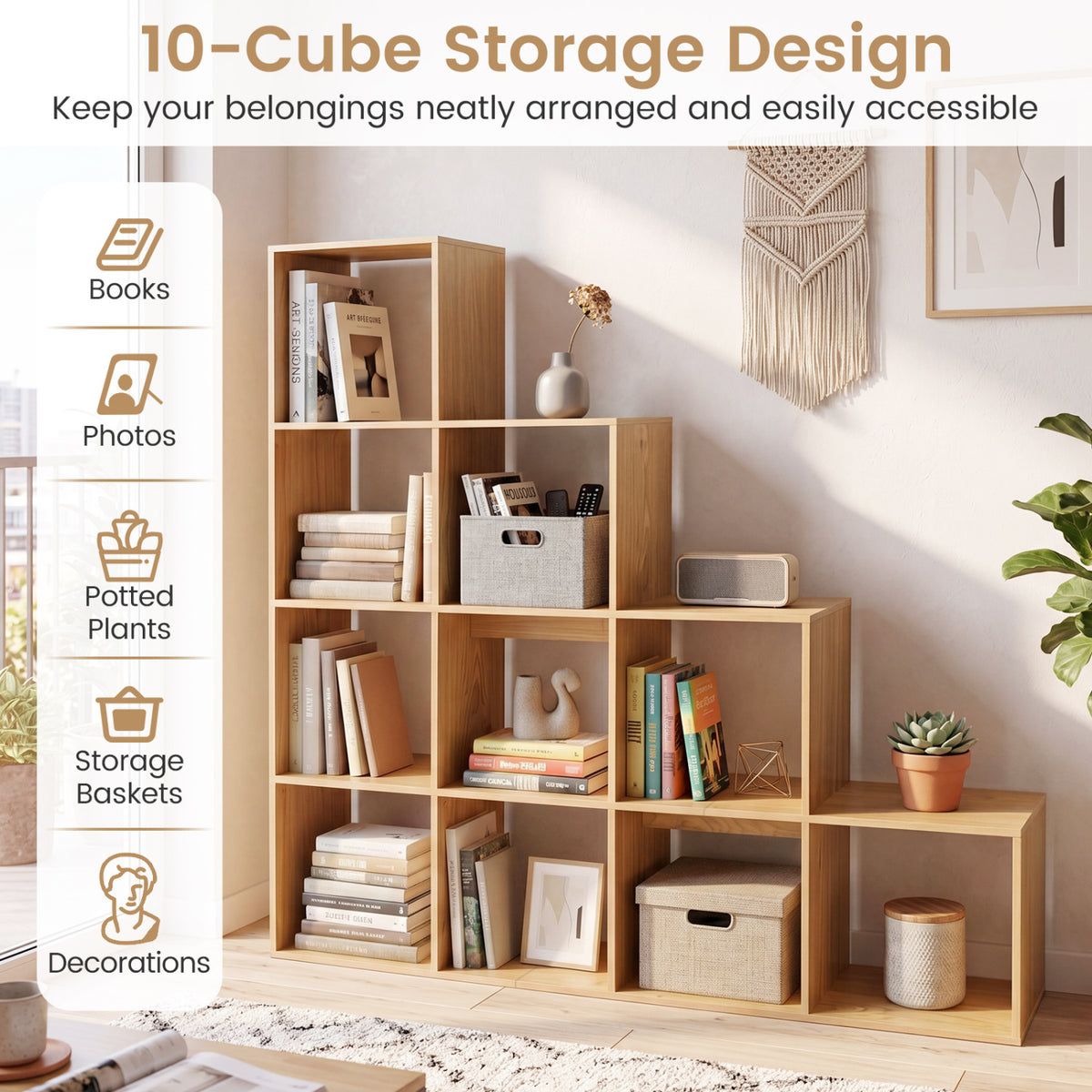 4-Tier Bookshelf with 2 Anti-Tipping Kits for Home Office-Natrual