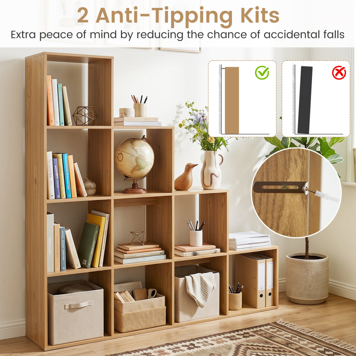 4-Tier Bookshelf with 2 Anti-Tipping Kits for Home Office-Natrual