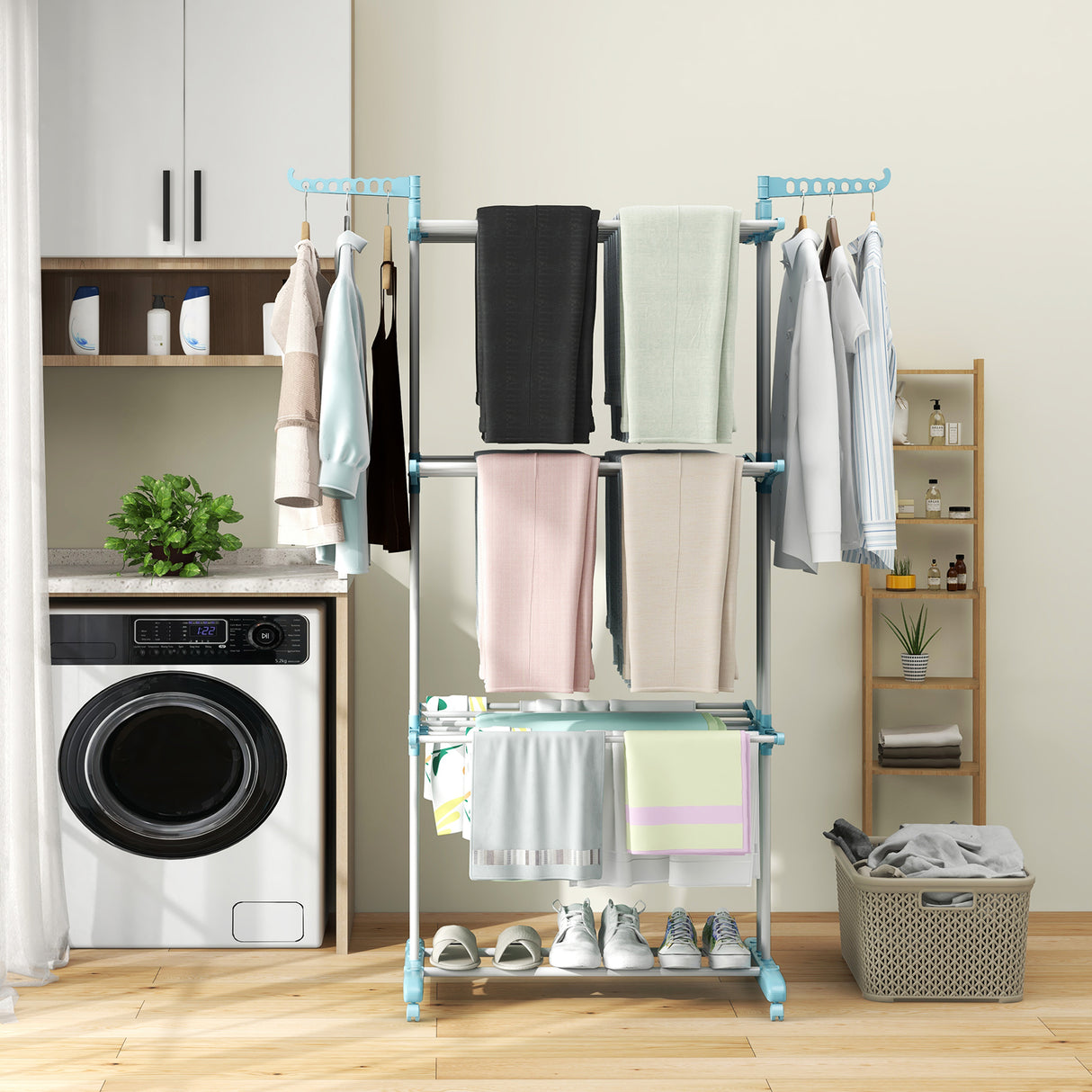 4-tier Clothes Drying Rack with Rotatable Side Wings and Collapsible Shelves-Blue