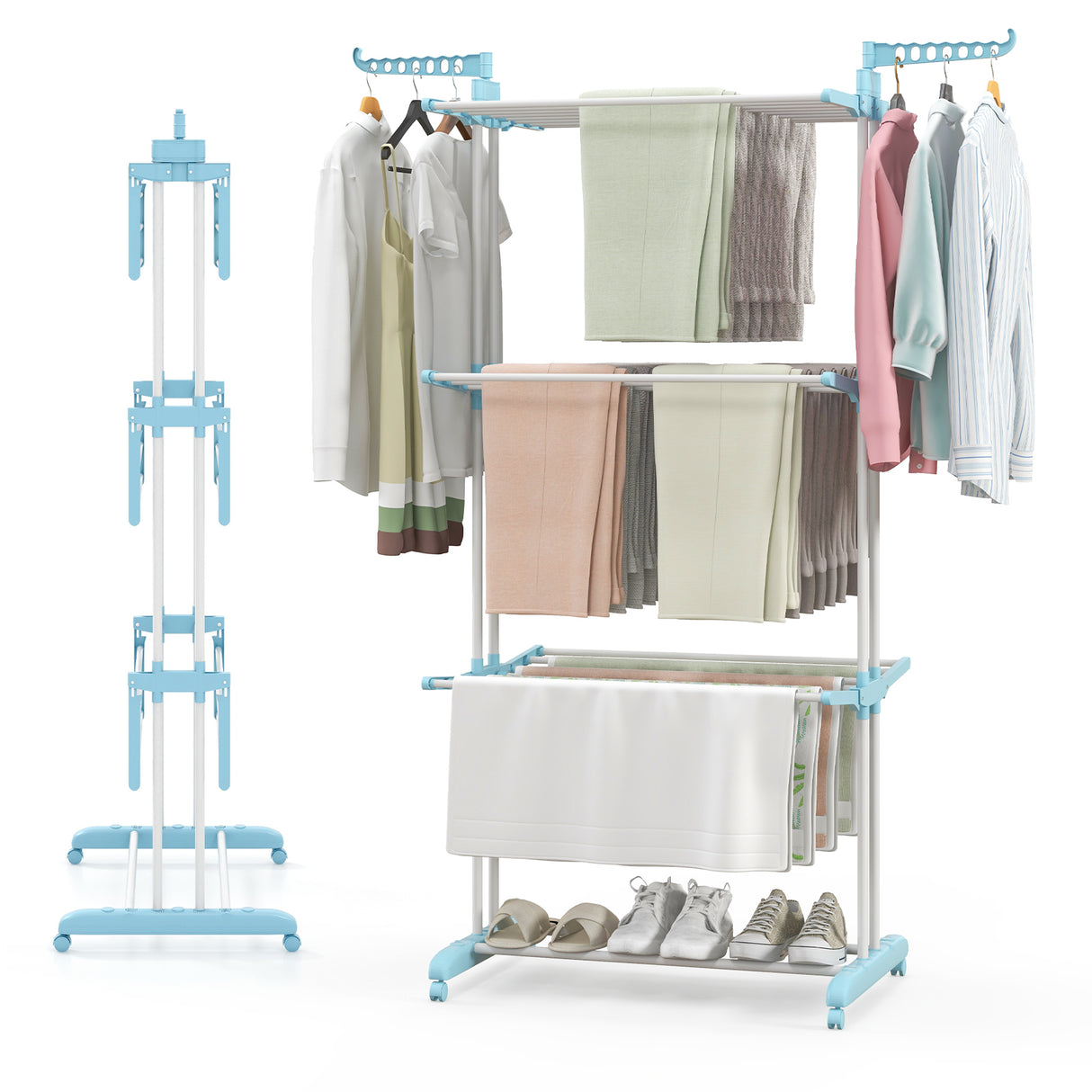4-tier Clothes Drying Rack with Rotatable Side Wings and Collapsible Shelves-Blue